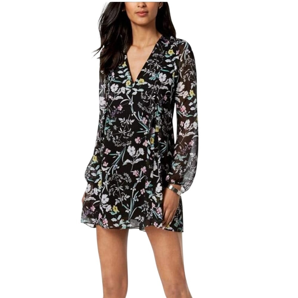 BCBGeneration Black Floral V-Neck Long Sleeve Tie Back Mini Shift Dress XS